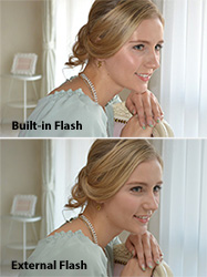 Built-in flash creates harsh light compared to external speedlite